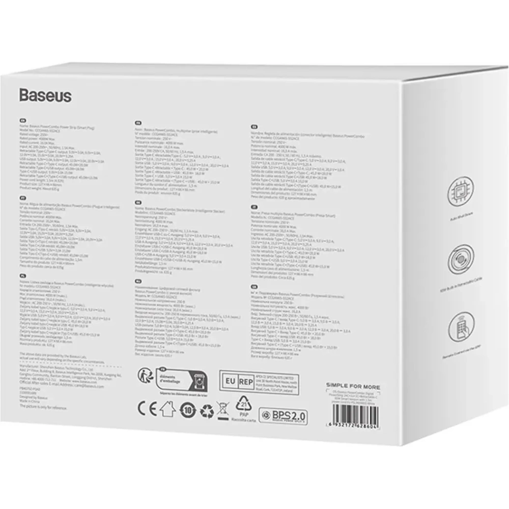 Stacja ładująca Baseus PowerCombo 65W 1.5m 2xAC, USB-A, USB-C + kabel USB-C biała