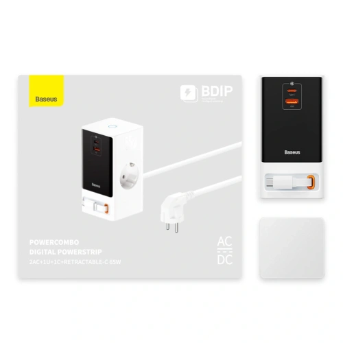 Stacja ładująca Baseus PowerCombo 65W 1.5m 2xAC, USB-A, USB-C + kabel USB-C biała