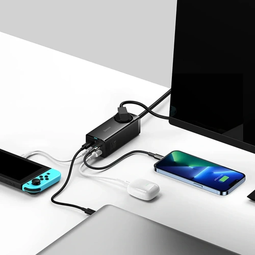 Stacja ładująca Baseus GaN3 Pro 65W AC + 2xUSB-C + 2xUSB-A z kablem Baseus Xiaobai USB-C / USB-C 100W 1m czarna