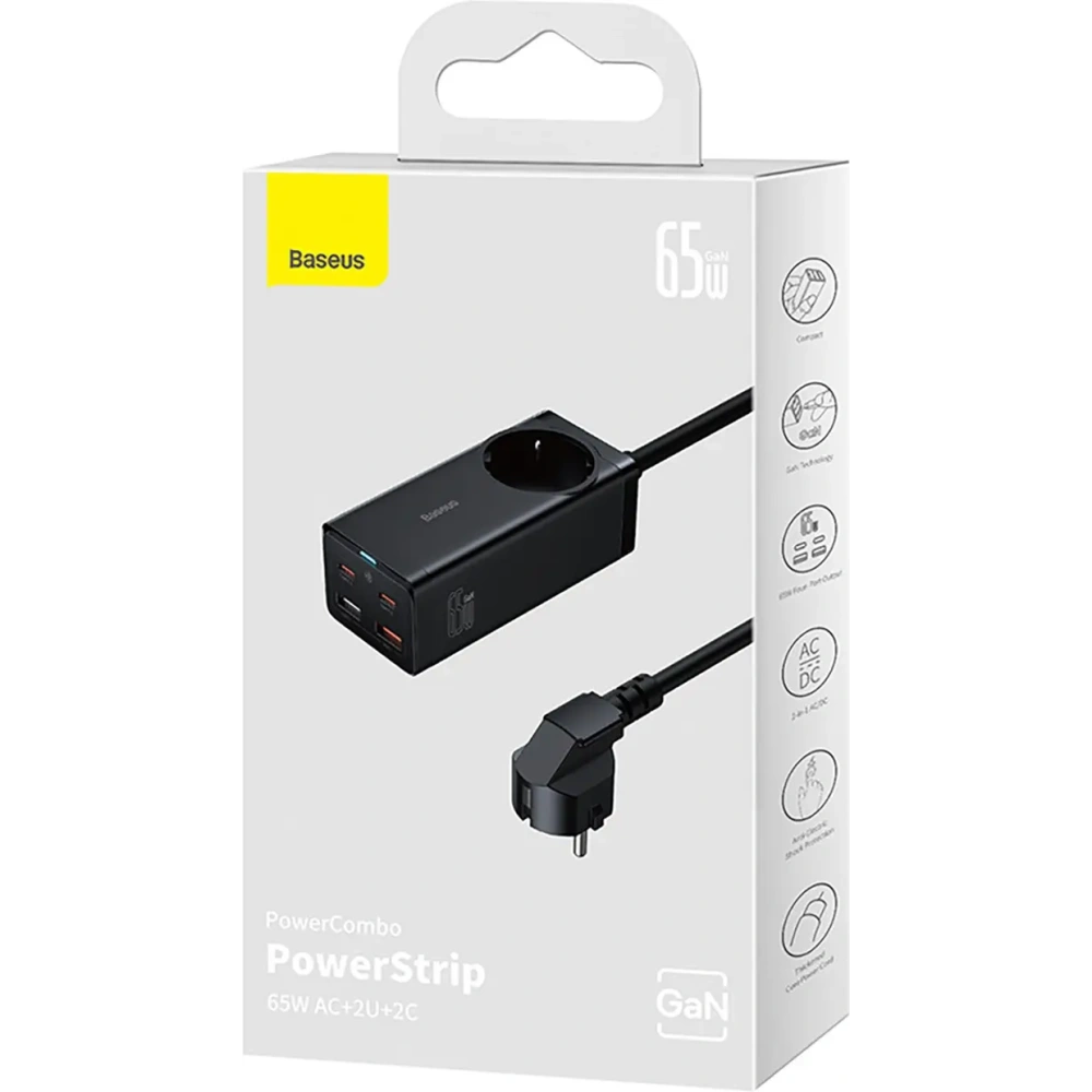 Stacja ładująca Baseus GaN3 Pro 65W AC + 2xUSB-C + 2xUSB-A z kablem Baseus Xiaobai USB-C / USB-C 100W 1m czarna
