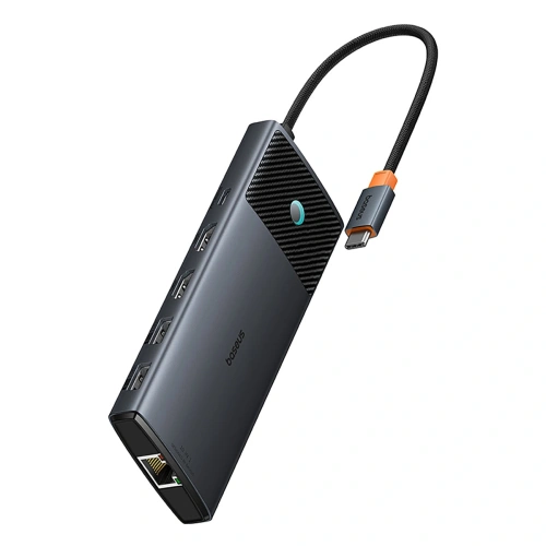 HUB Baseus Metal Gleam II USB-C / HDMI 4K@120Hz, HDMI 4K@60Hz, USB-A 3.2 10Gbps, USB-C 3.2 10Gbps, 2xUSB-A 2.0 480Mbps, USB-C PD 100W, RJ45 1000Mbps, SD/TF szary
