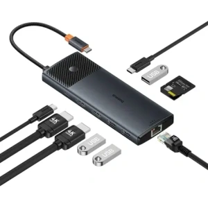 HUB Baseus Metal Gleam II USB-C / HDMI 4K@120Hz, HDMI 4K@60Hz, USB-A 3.2 10Gbps, USB-C 3.2 10Gbps, 2xUSB-A 2.0 480Mbps, USB-C PD 100W, RJ45 1000Mbps, SD/TF szary