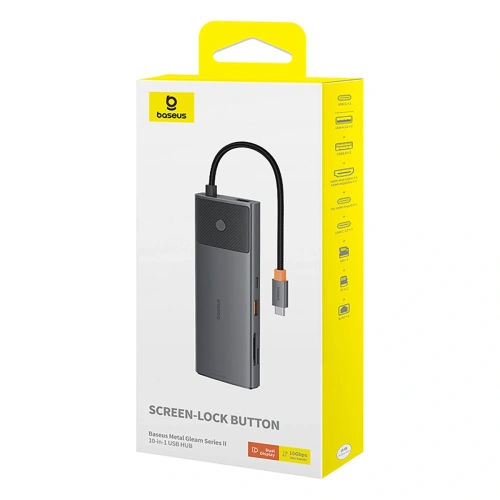 HUB Baseus Metal Gleam II USB-C / HDMI 4K@120Hz, HDMI 4K@60Hz, USB-A 3.2 10Gbps, USB-C 3.2 10Gbps, 2xUSB-A 2.0 480Mbps, USB-C PD 100W, RJ45 1000Mbps, SD/TF szary