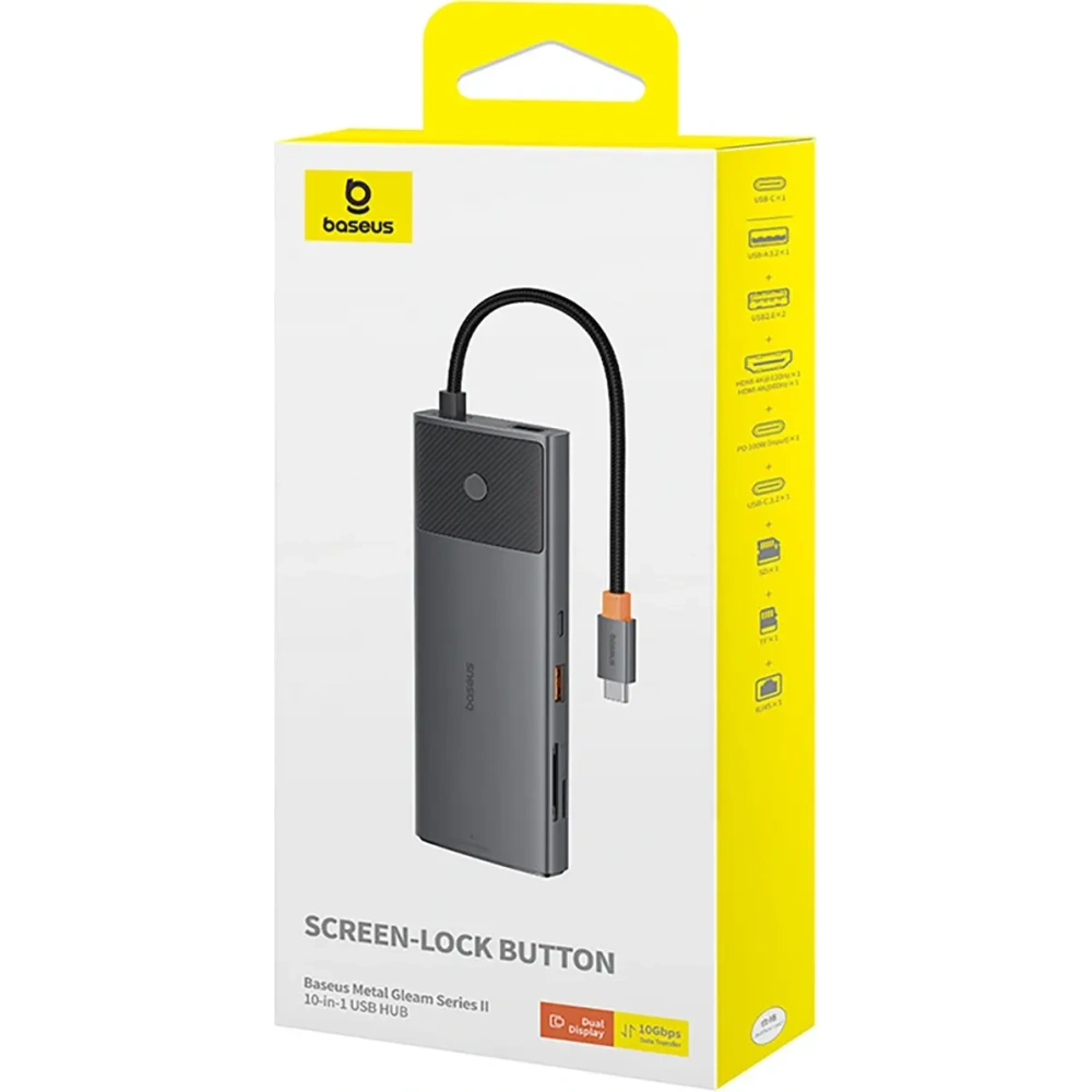 HUB Baseus Metal Gleam II USB-C / HDMI 4K@120Hz, HDMI 4K@60Hz, USB-A 3.2 10Gbps, USB-C 3.2 10Gbps, 2xUSB-A 2.0 480Mbps, USB-C PD 100W, RJ45 1000Mbps, SD/TF szary