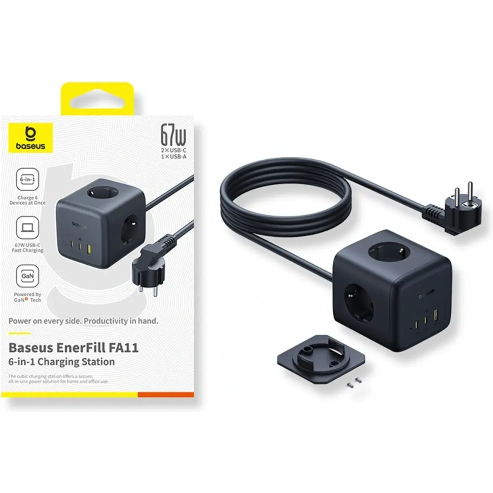 Kostka / listwa zasilająca Baseus EnerFill FA11 AC / USB-A 18W, USB-C 67W, 3xAC 1.5m czarna