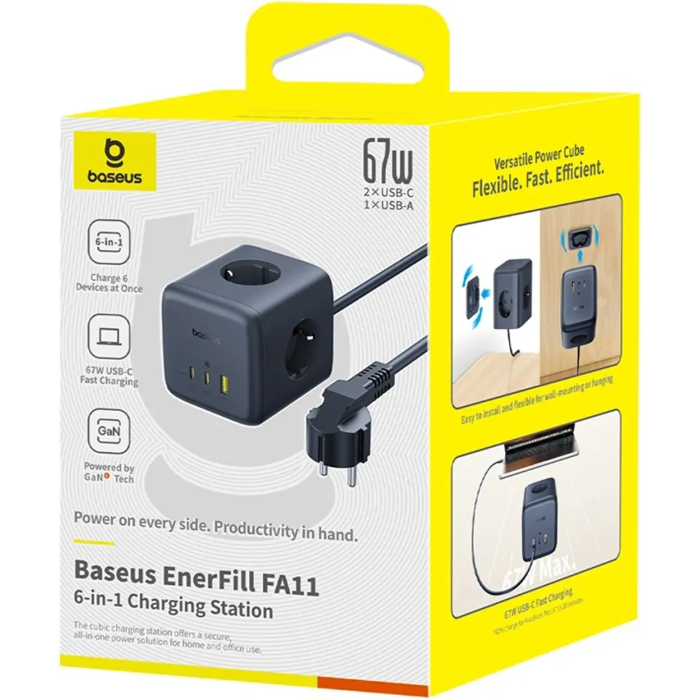 Kostka / listwa zasilająca Baseus EnerFill FA11 AC / USB-A 18W, USB-C 67W, 3xAC 1.5m czarna