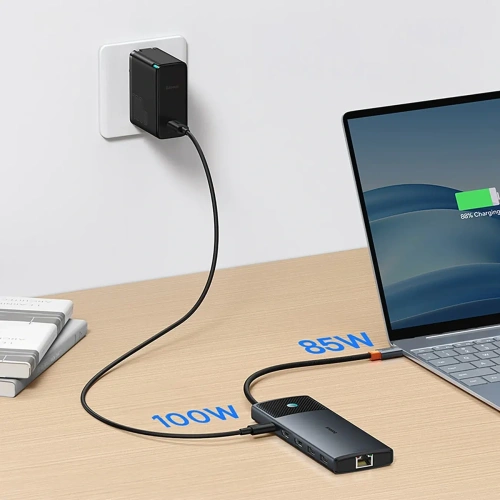HUB Baseus Metal Gleam II USB-C / HDMI 4K@120Hz, HDMI 4K@60Hz, USB-A 3.2 10Gbps, USB-C 3.2 10Gbps, 2xUSB-A 2.0 480Mbps, USB-C PD 100W, RJ45 1000Mbps, SD/TF szary