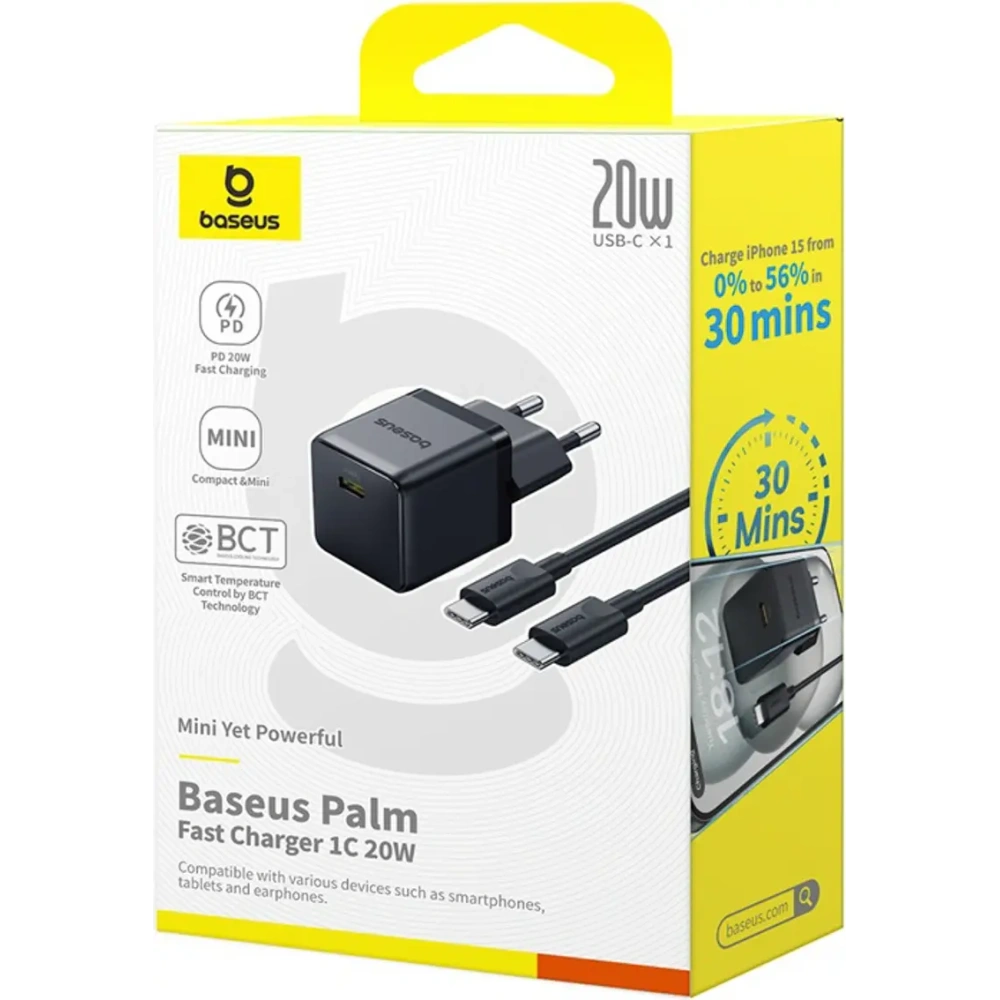 Ładowarka sieciowa Baseus Palm 1C 20W z kablem Baseus Mini White USB-C 60W 20V/3A 1m czarna