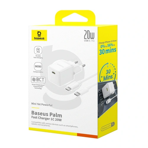 Ładowarka sieciowa Baseus Palm 1C 20W z kablem Baseus Mini White USB-C 60W 20V/3A 1m biała