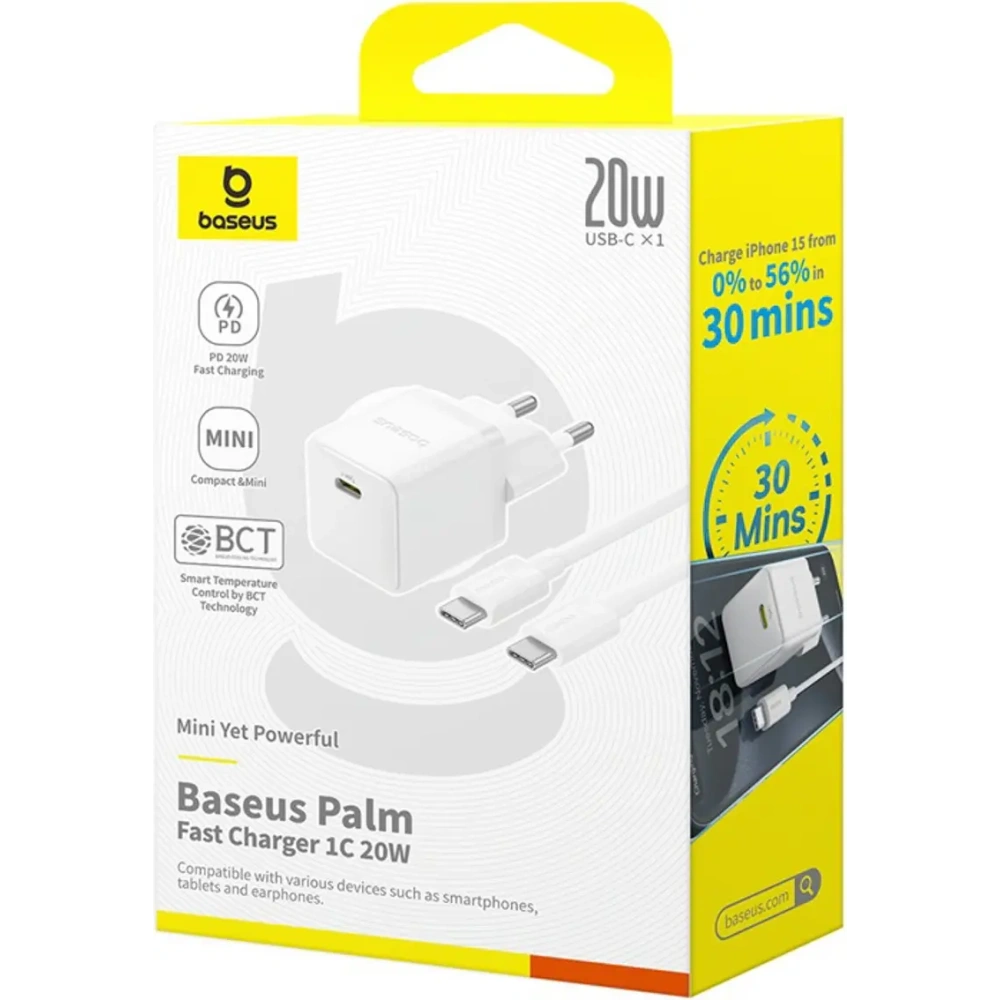 Ładowarka sieciowa Baseus Palm 1C 20W z kablem Baseus Mini White USB-C 60W 20V/3A 1m biała