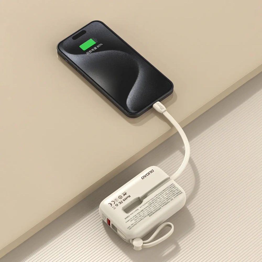 Powerbank Dudao K14 10000mAh z wbudowanymi kablami USB-C, Lightning beżowy