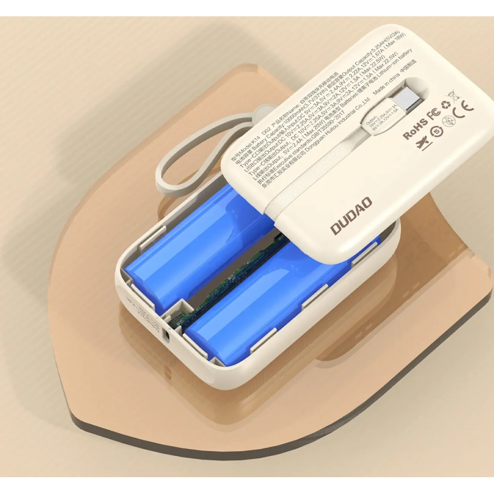 Powerbank Dudao K14 10000mAh z wbudowanymi kablami USB-C, Lightning beżowy