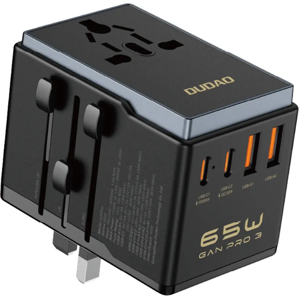 Adapter podróżny Dudao A65 Pro 65W EU / US / JP / AUS / UK 2x USB-C 2x USB-A czarny
