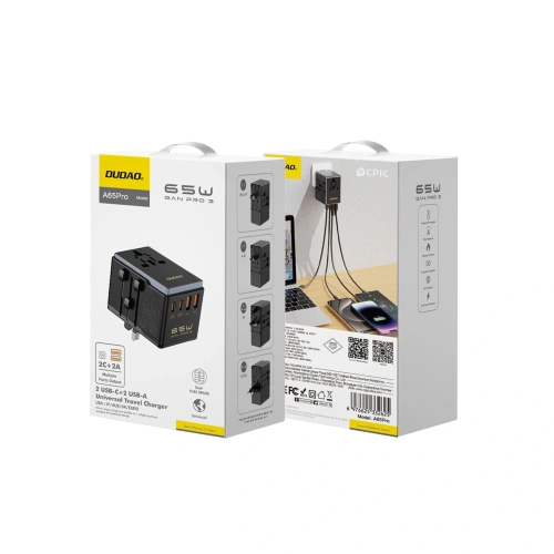 Adapter podróżny Dudao A65 Pro 65W EU / US / JP / AUS / UK 2x USB-C 2x USB-A czarny