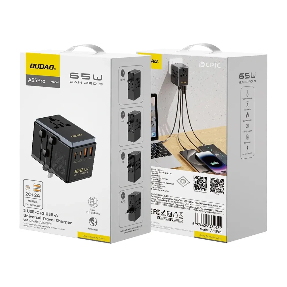 Adapter podróżny Dudao A65 Pro 65W EU / US / JP / AUS / UK 2x USB-C 2x USB-A czarny