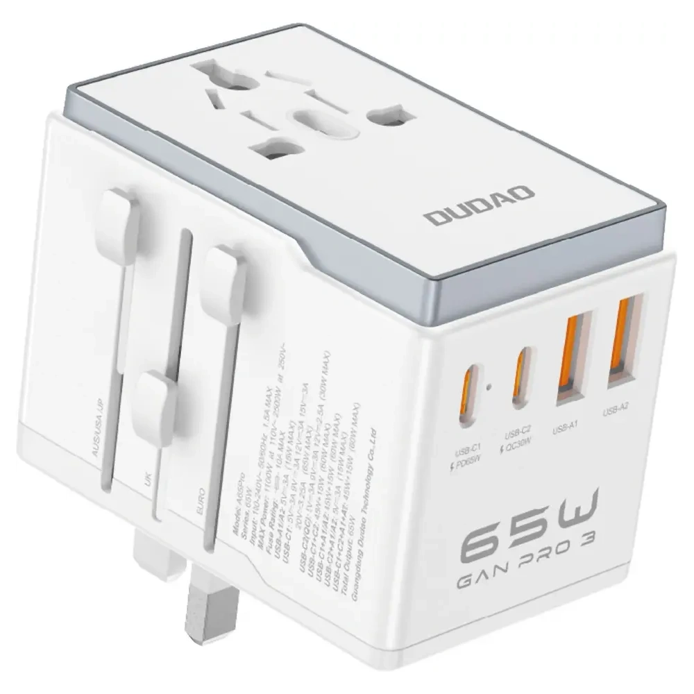 Adapter podróżny Dudao A65 Pro 65W EU / US / JP / AUS / UK 2x USB-C 2x USB-A biały