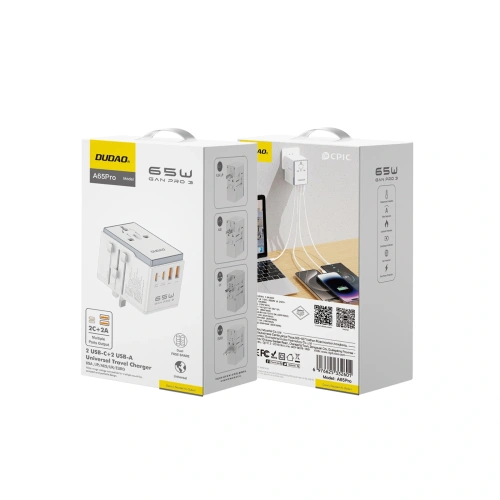 Adapter podróżny Dudao A65 Pro 65W EU / US / JP / AUS / UK 2x USB-C 2x USB-A biały