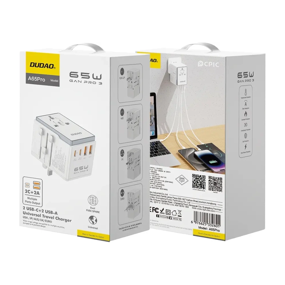 Adapter podróżny Dudao A65 Pro 65W EU / US / JP / AUS / UK 2x USB-C 2x USB-A biały