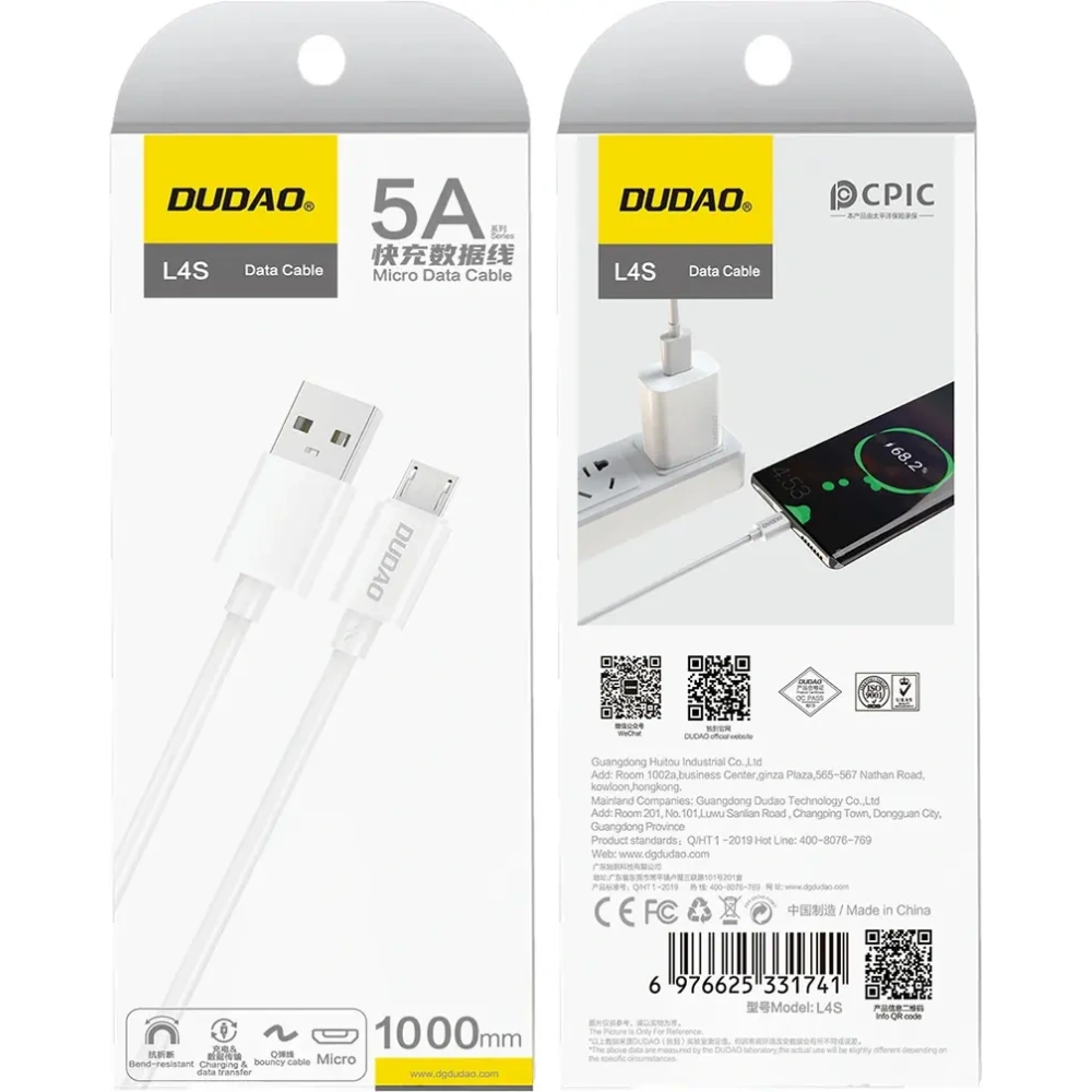 Kabel Dudao L4SM USB-A / micro USB 2A 1m biały