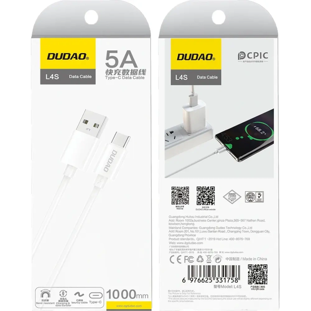 Kabel Dudao L4ST USB-A / USB-C 5A 1m biały