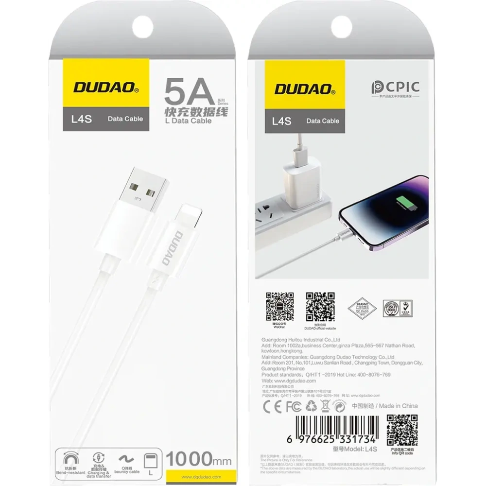 Kabel Dudao L4SL USB-A / Lightning 2A 1m biały