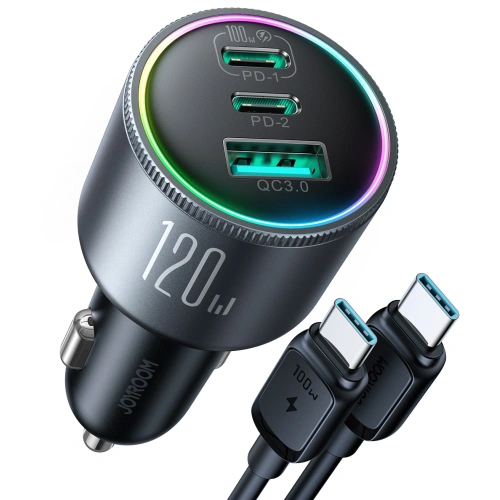Ładowarka samochodowa Joyroom JR-CCN07 120W 2xUSB-C, USB-A + kabel USB-C 100W ciemnoszara