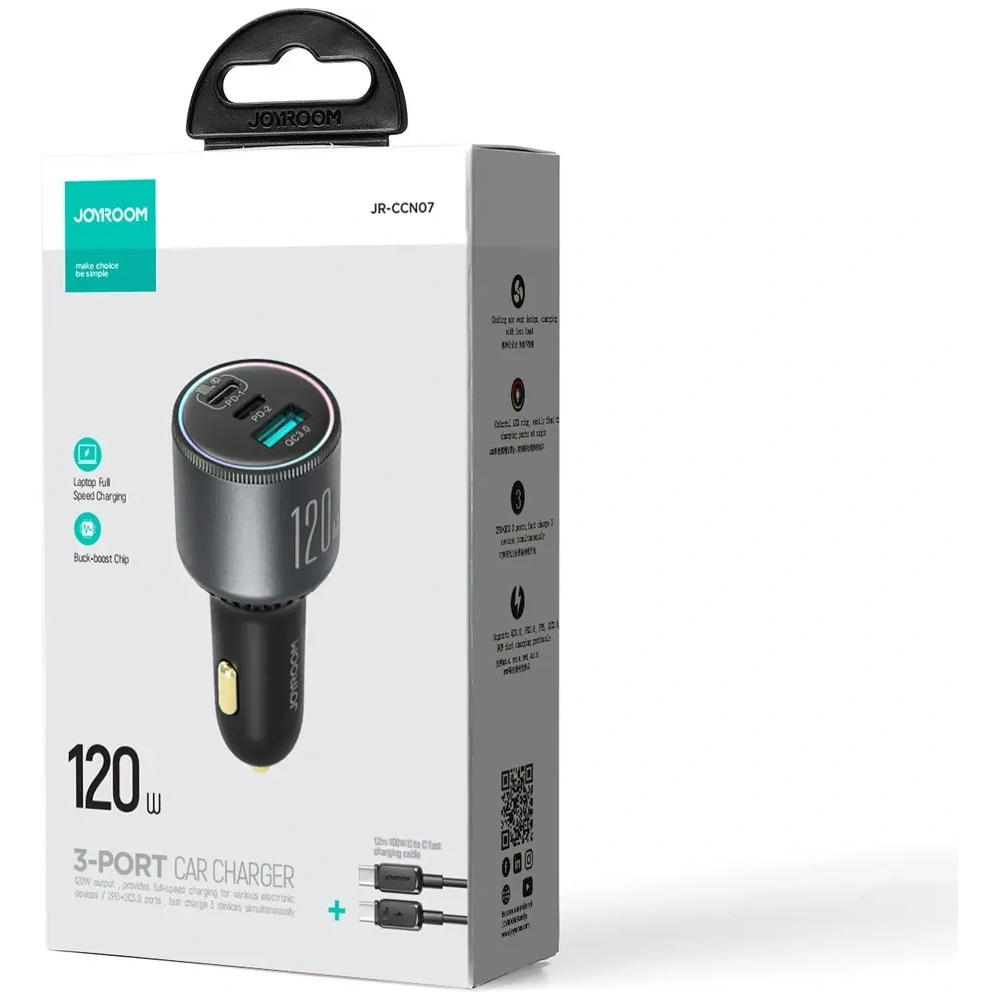 Ładowarka samochodowa Joyroom JR-CCN07 120W 2xUSB-C, USB-A + kabel USB-C 100W ciemnoszara