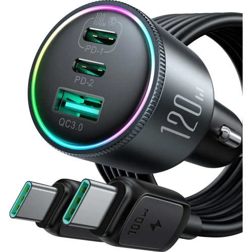 Ładowarka samochodowa Joyroom JR-CCN07 120W 2xUSB-C, USB-A + kabel USB-C 100W ciemnoszara