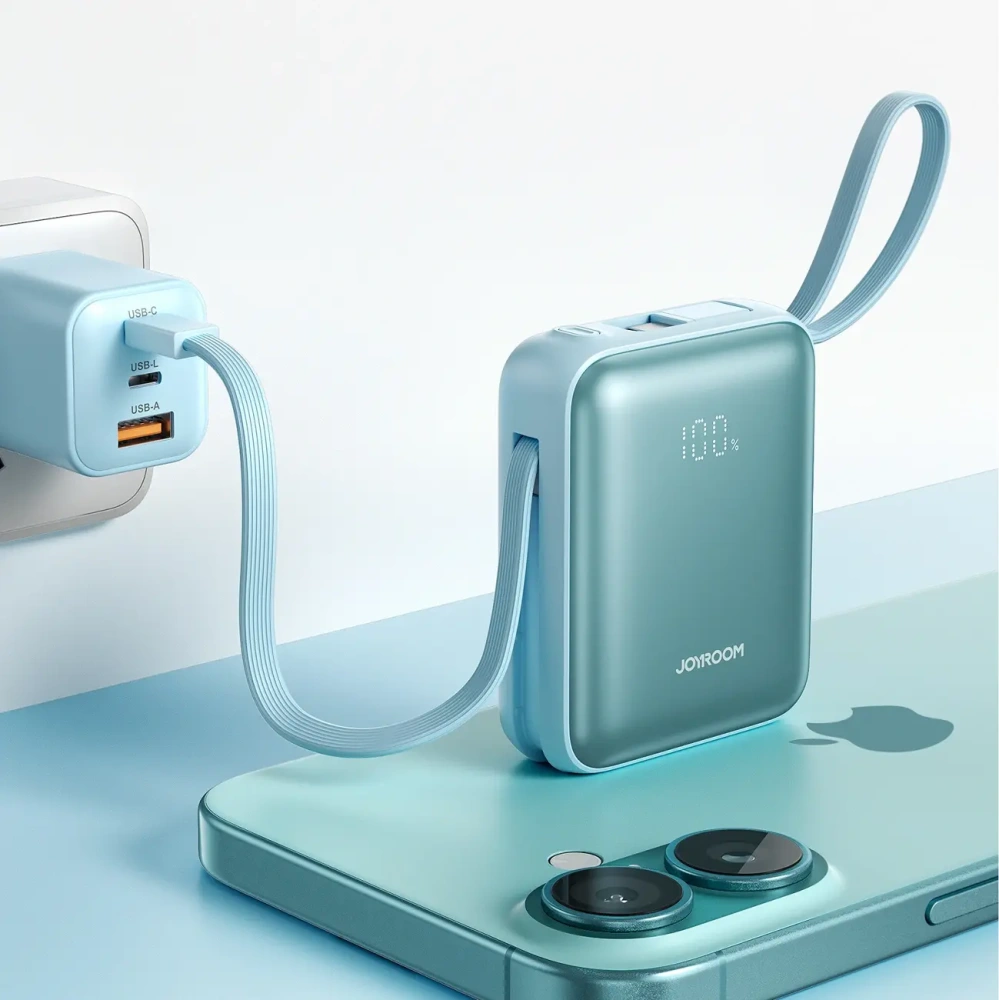 Powerbank Joyroom JR-PBF27 22.5W 10000mAh z wbudowanymi kablami USB-C, Lightning niebieski