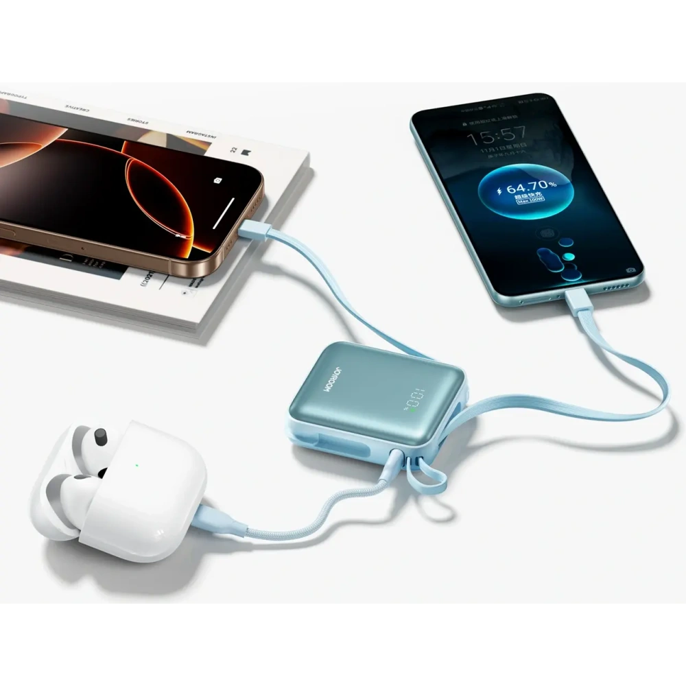 Powerbank Joyroom JR-PBF27 22.5W 10000mAh z wbudowanymi kablami USB-C, Lightning niebieski