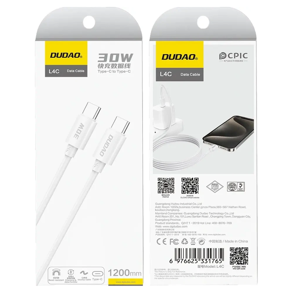 Kabel Dudao L4C USB-C / USB-C 30W 2m biały