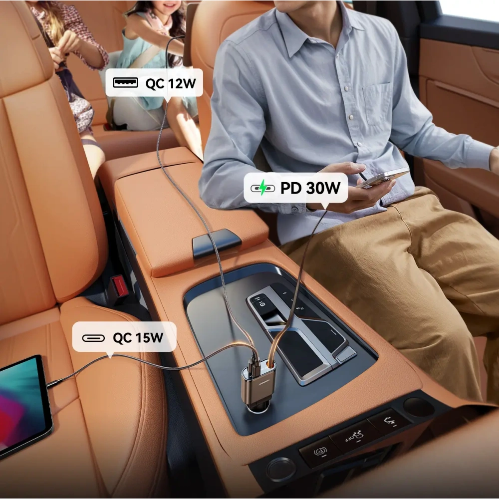 Ładowarka samochodowa Joyroom JR-CCL07 3w1 z wbudowanym kablem USB-C ciemnoszara