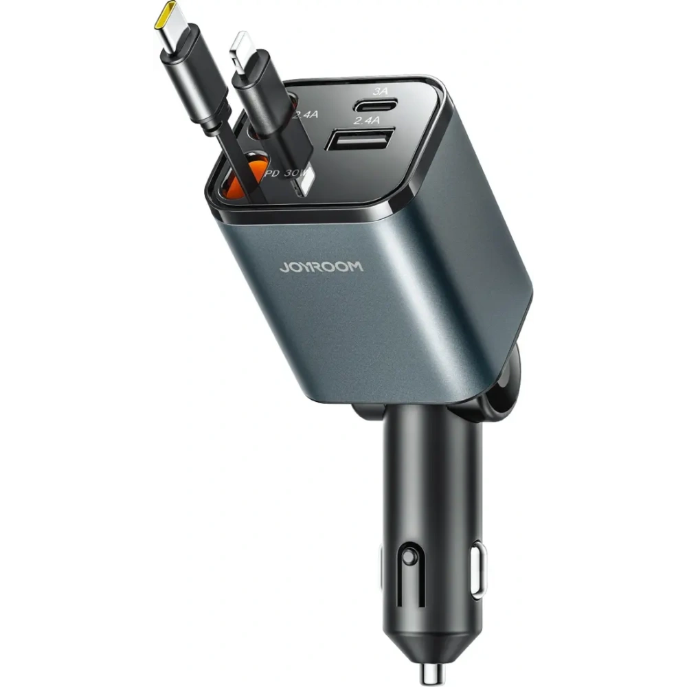 Ładowarka samochodowa Joyroom JR-CCL05 30W 4w1 z wbudowanymi kablami USB-C, Lightning ciemnoszara