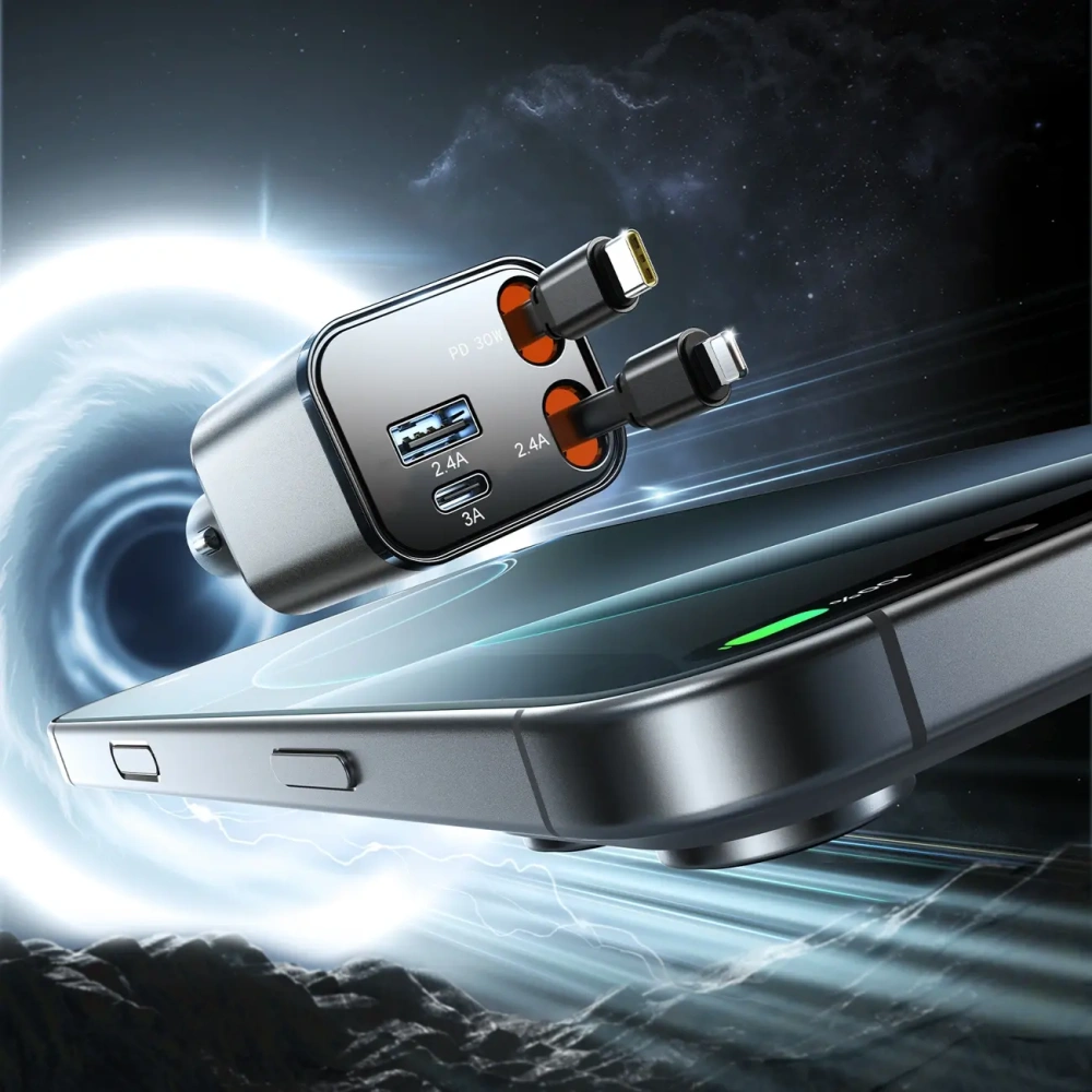 Ładowarka samochodowa Joyroom JR-CCL05 30W 4w1 z wbudowanymi kablami USB-C, Lightning ciemnoszara