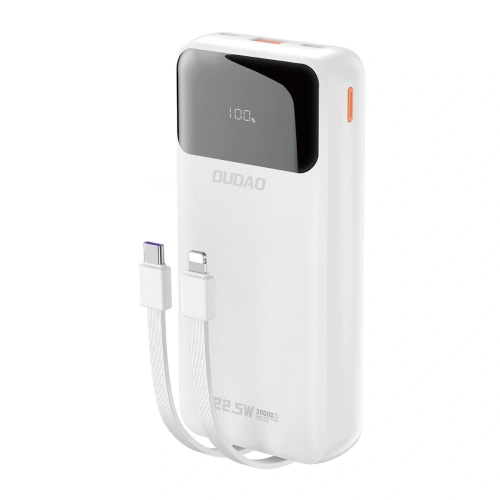 Powerbank Dudao K15Pro 20000mAh 22.5W PD USB-C, USB-A + wbudowane kable Lightning, USB-C biały