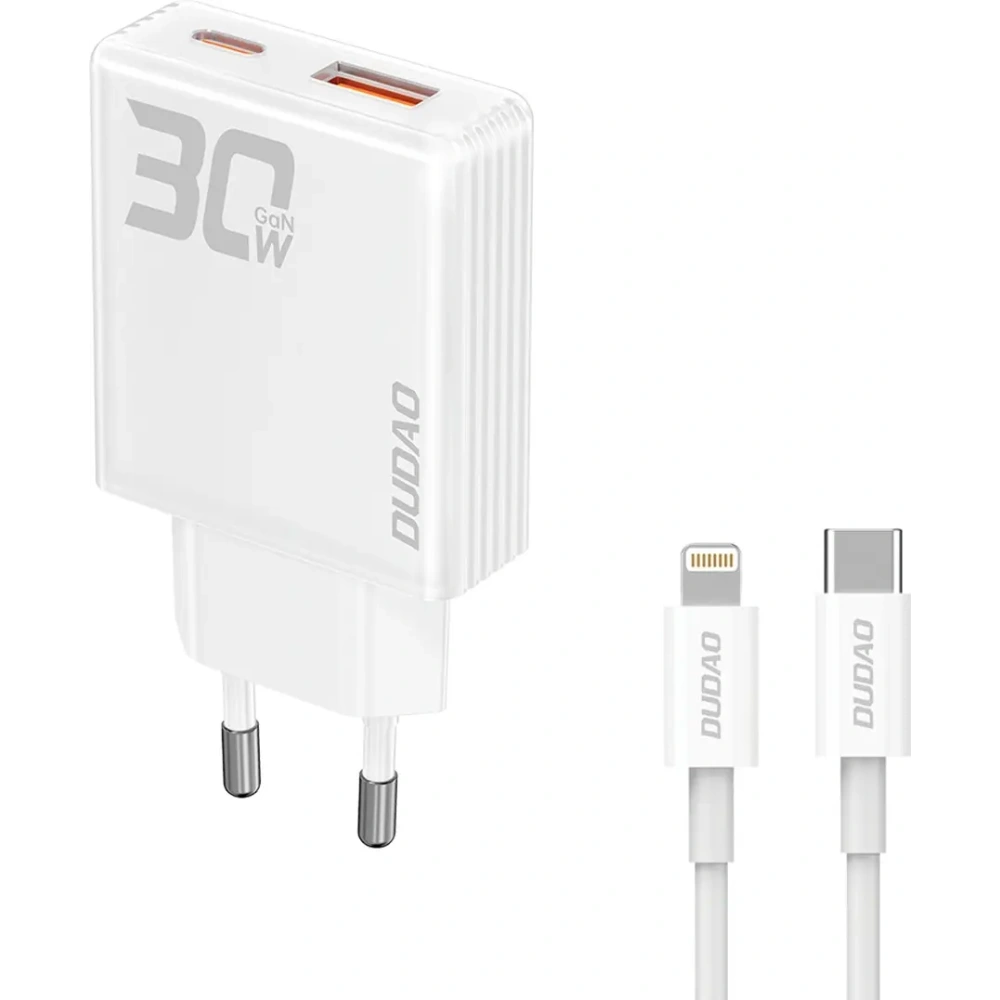Ładowarka sieciowa GaN Dudao A30EUL 30W USB-A, USB-C + kabel USB-C / Lightning biała