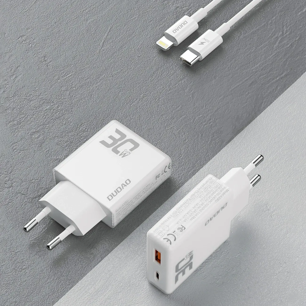 Ładowarka sieciowa GaN Dudao A30EUL 30W USB-A, USB-C + kabel USB-C / Lightning biała