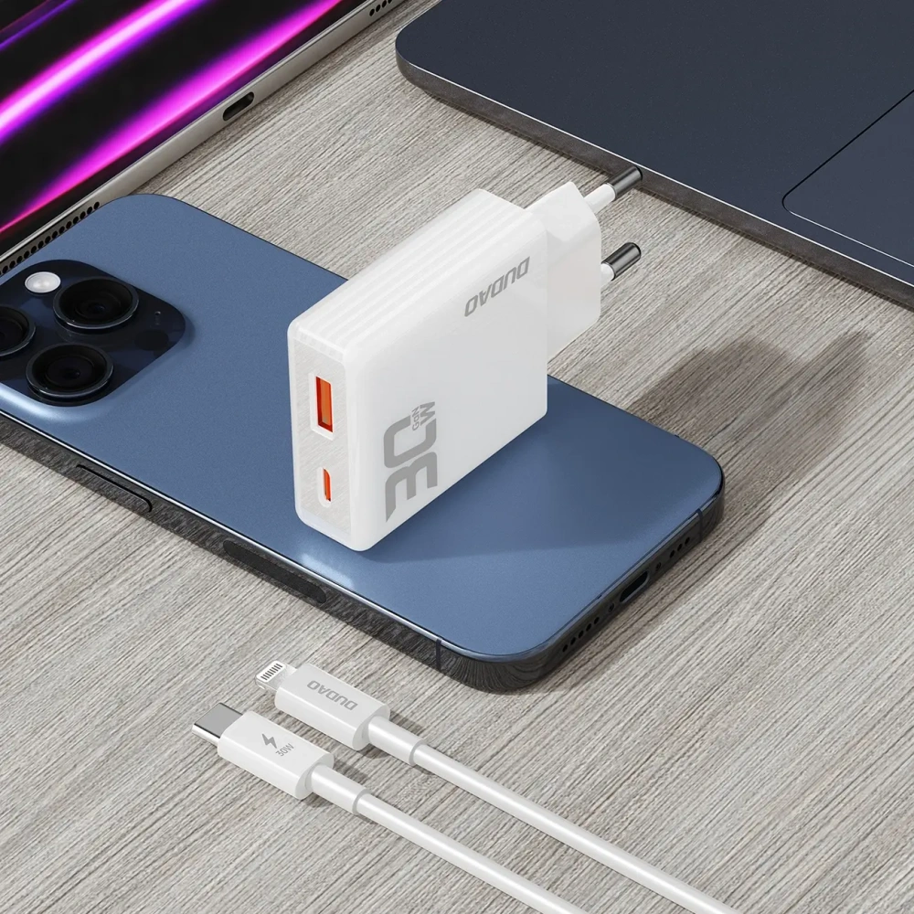 Ładowarka sieciowa GaN Dudao A30EUL 30W USB-A, USB-C + kabel USB-C / Lightning biała