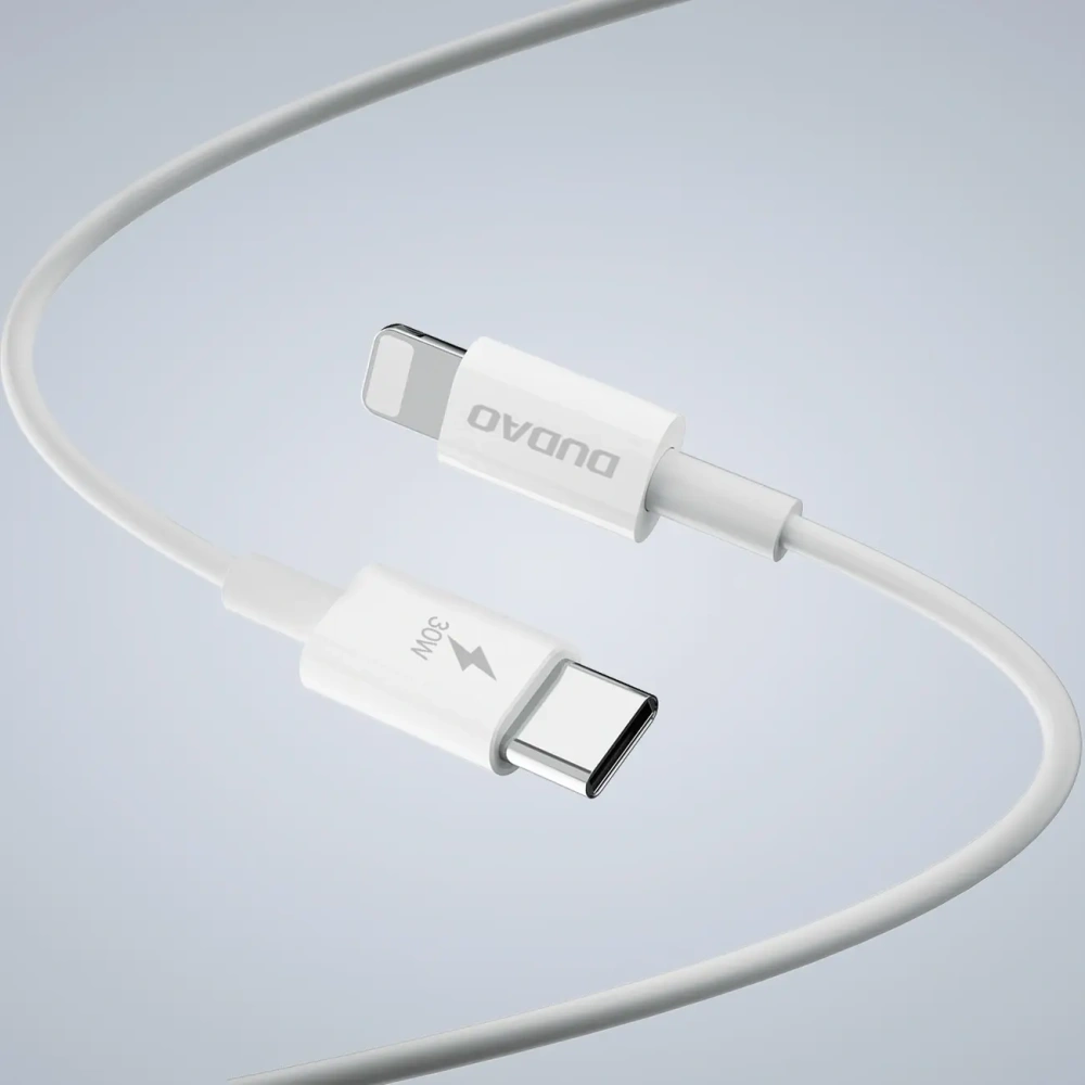 Ładowarka sieciowa GaN Dudao A30EUL 30W USB-A, USB-C + kabel USB-C / Lightning biała