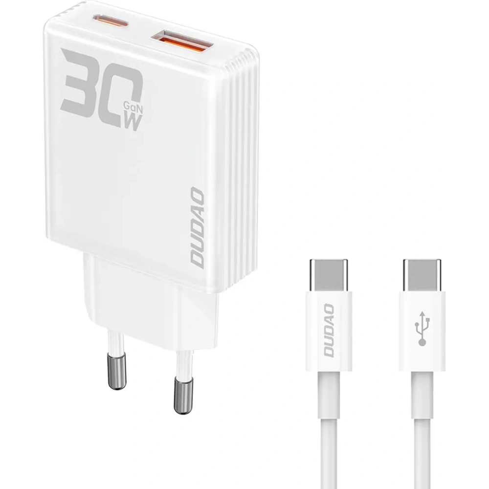 Ładowarka sieciowa GaN Dudao A30EUT 30W USB-A, USB-C + kabel USB-C / USB-C biała
