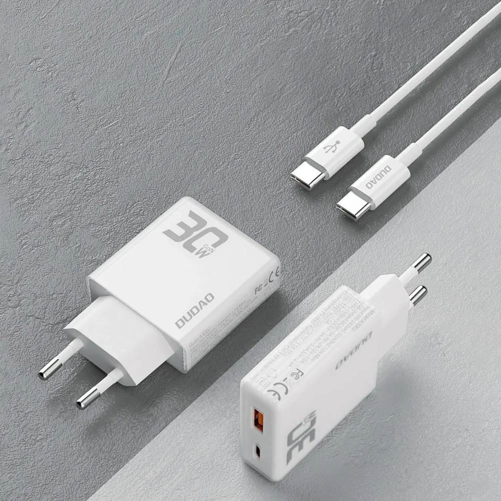 Ładowarka sieciowa GaN Dudao A30EUT 30W USB-A, USB-C + kabel USB-C / USB-C biała
