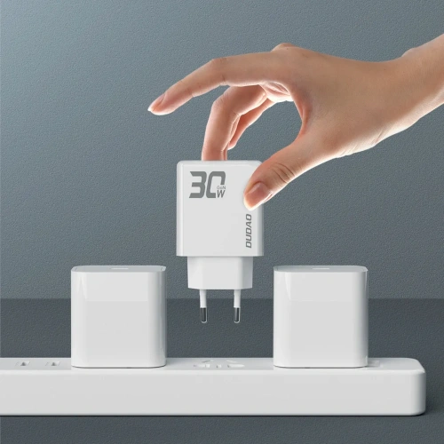 Ładowarka sieciowa GaN Dudao A30EUT 30W USB-A, USB-C + kabel USB-C / USB-C biała