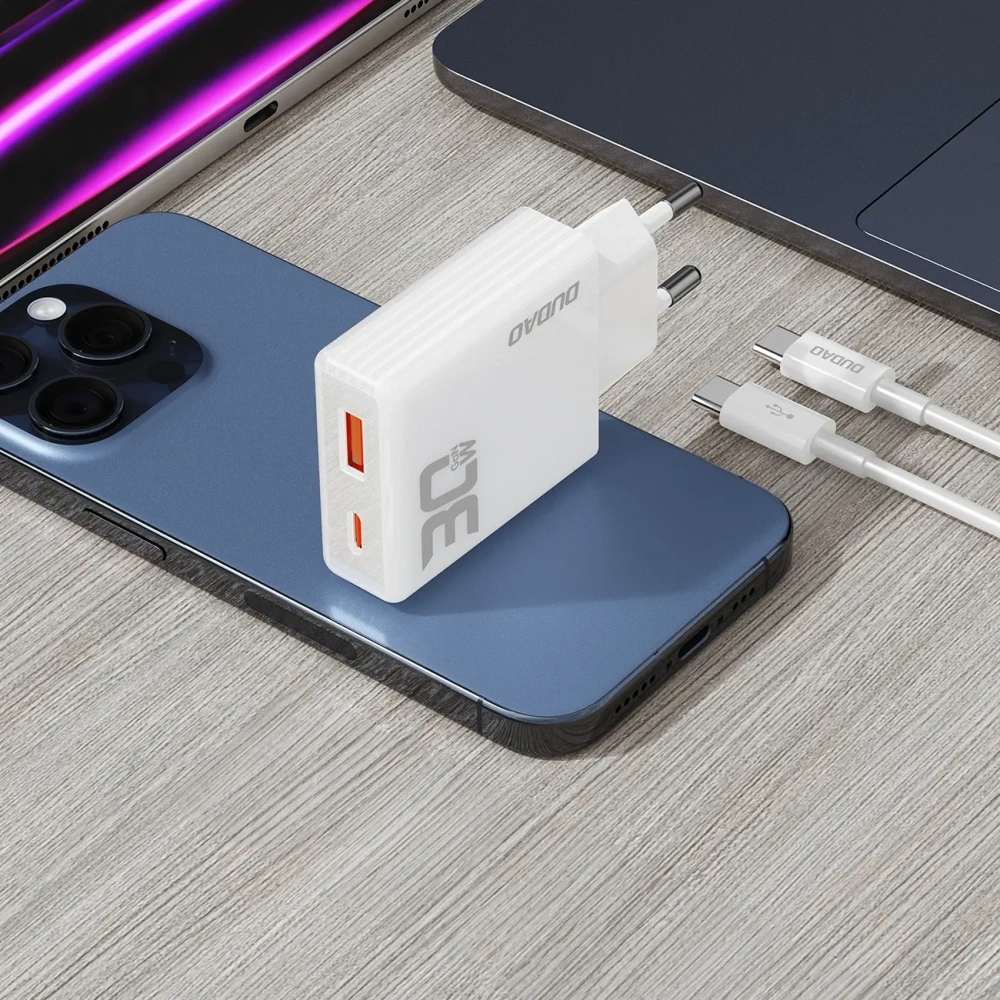 Ładowarka sieciowa GaN Dudao A30EUT 30W USB-A, USB-C + kabel USB-C / USB-C biała