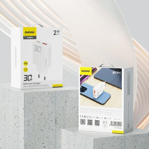 Ładowarka sieciowa Dudao A30EU GaN 30W USB-A, USB-C biała Ładowarka sieciowa Dudao A30EU GaN 30W USB-A, USB-C biała