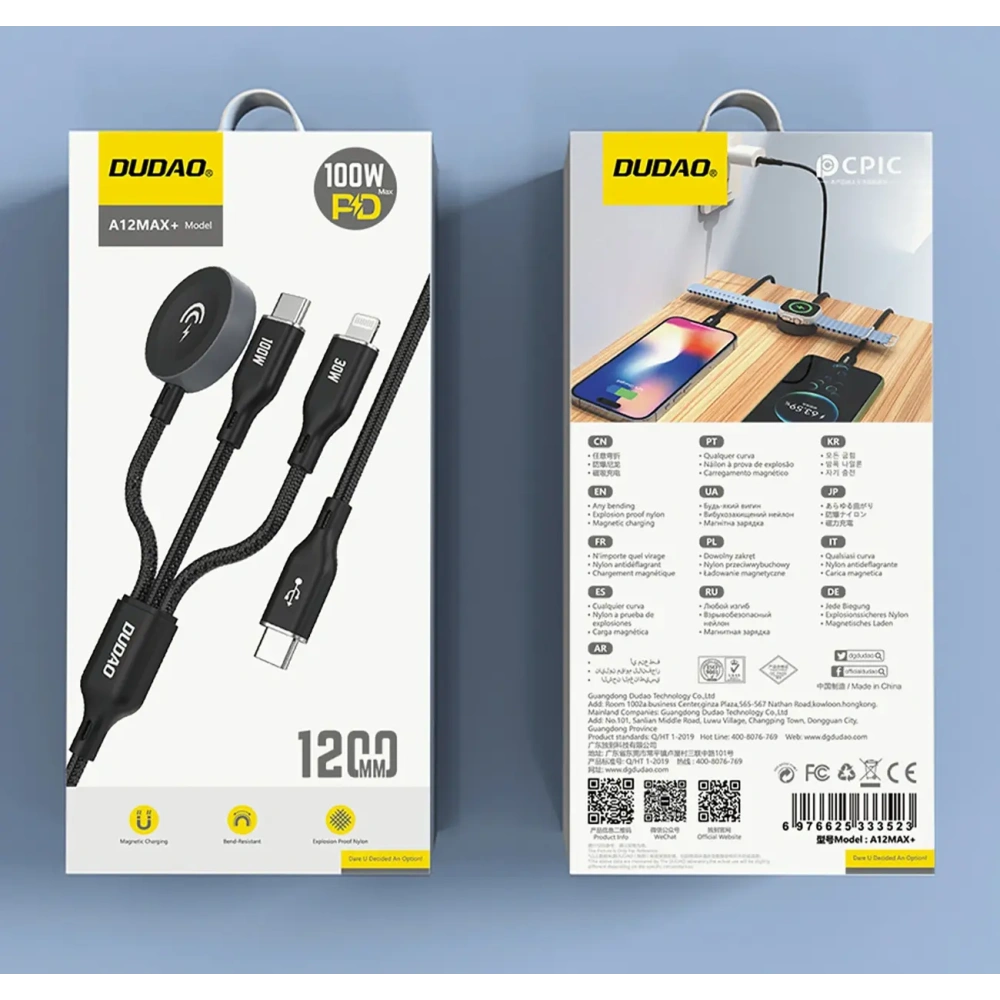 Kabel Dudao A12Max+ USB-C / USB-C PD 100W, Lightning PD 30W, ładowarka do Apple Watch 2.5W 1.2m czarny