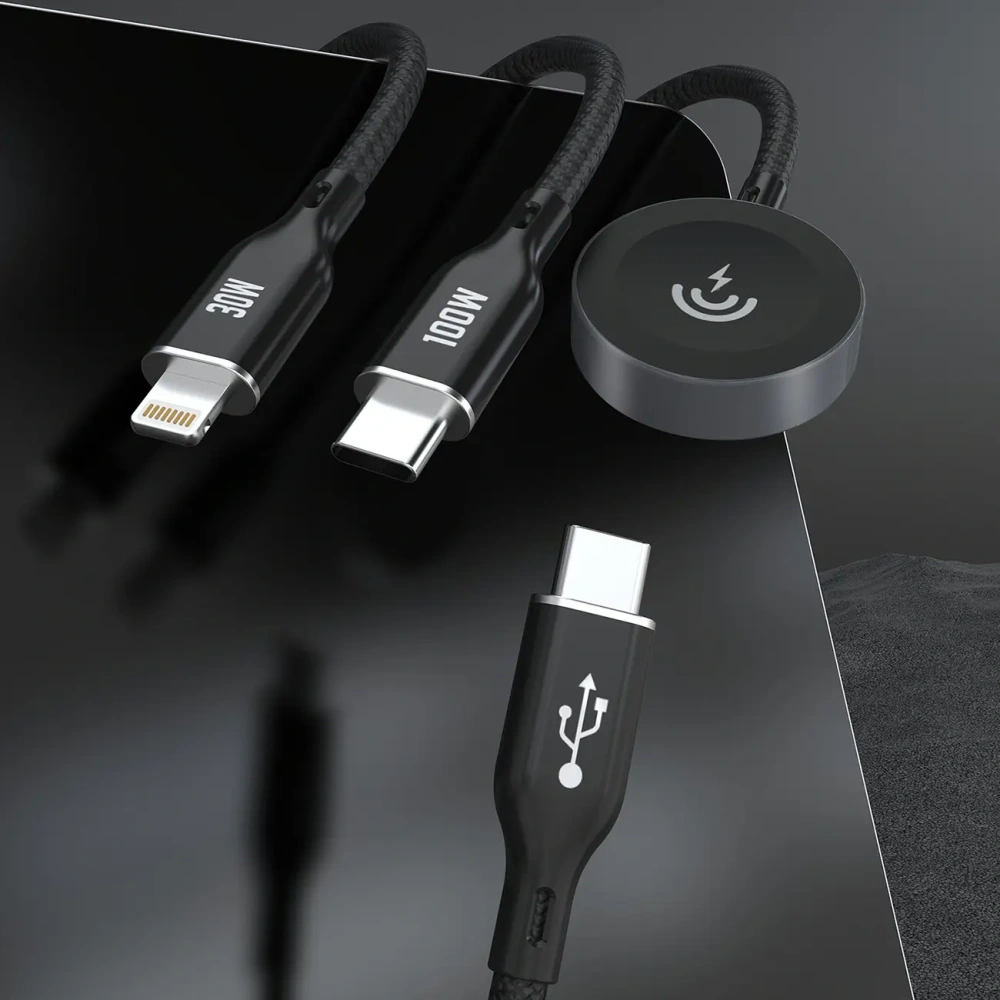 Kabel Dudao A12Max+ USB-C / USB-C PD 100W, Lightning PD 30W, ładowarka do Apple Watch 2.5W 1.2m czarny