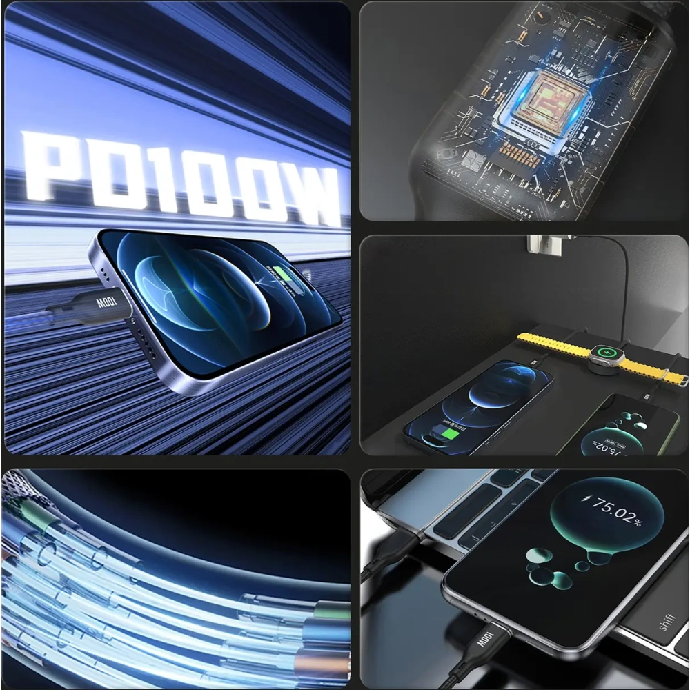 Kabel Dudao A12Max+ USB-C / USB-C PD 100W, Lightning PD 30W, ładowarka do Apple Watch 2.5W 1.2m czarny