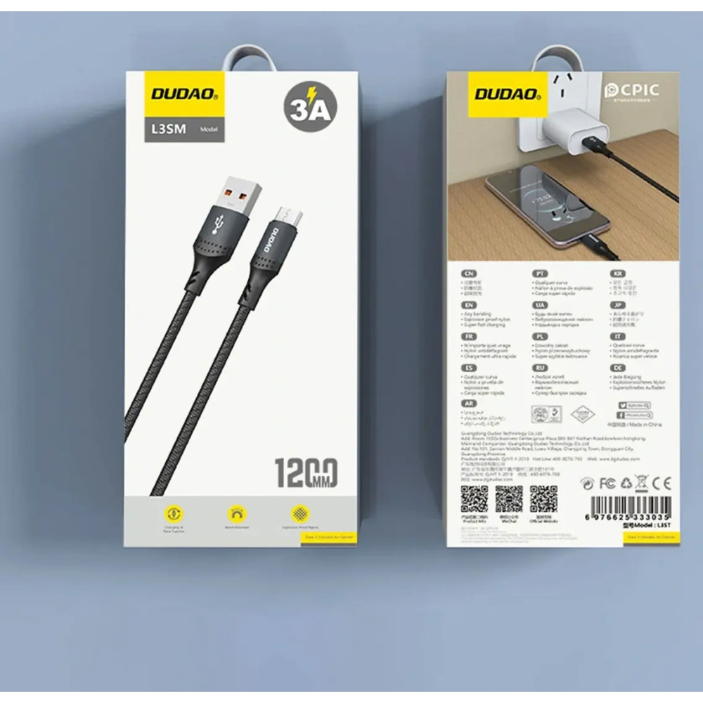 Kabel w oplocie Dudao L3SM USB-A / MicroUSB 3A 1.2m czarny