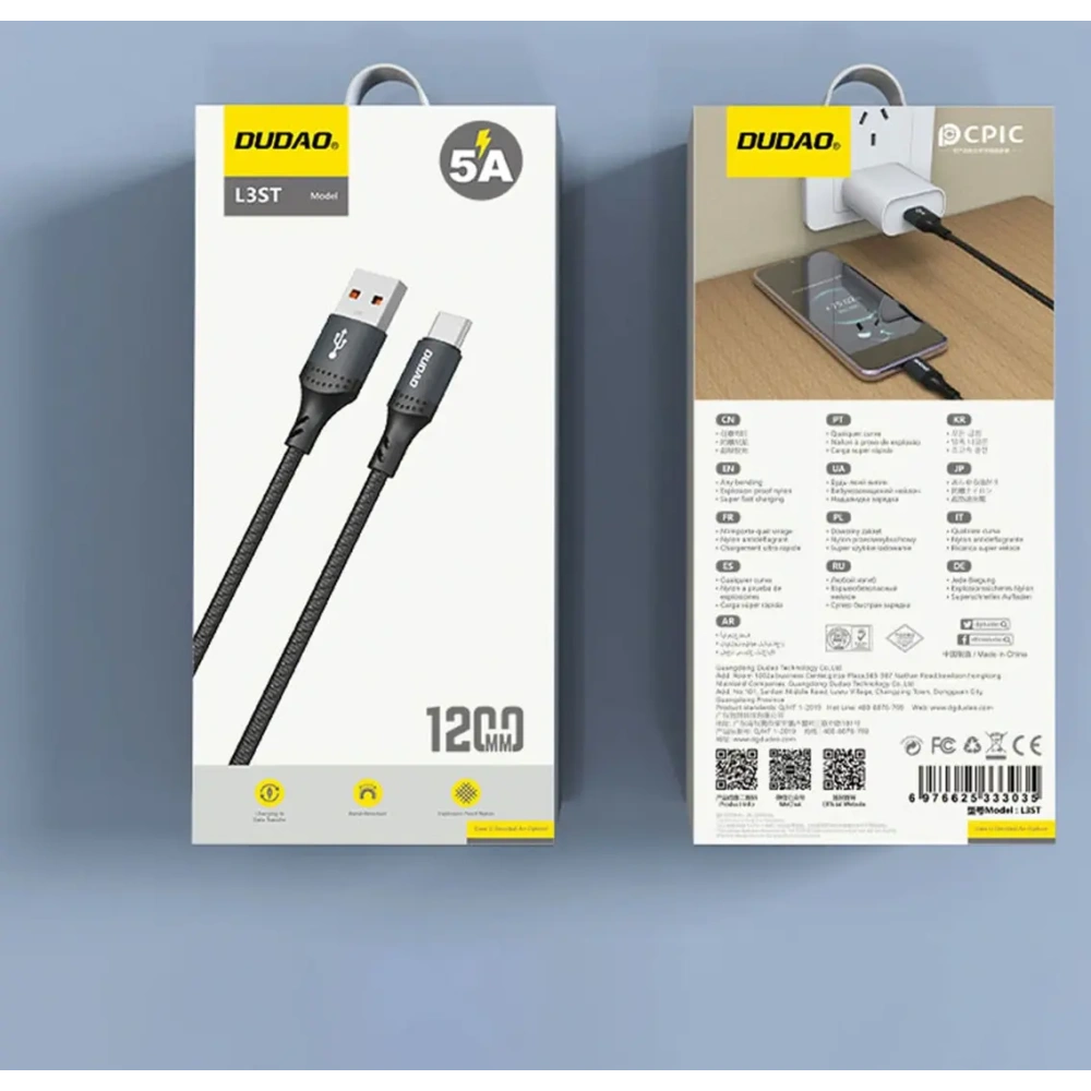 Kabel w oplocie Dudao L3ST USB-A / USB-C 5A 1.2m czarny