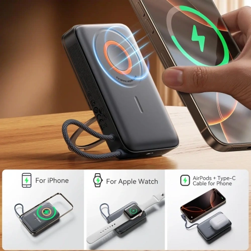 Powerbank bezprzewodowy Joyroom JR-PBM02 22.5W 10000mAh USB-C, MagSafe z wbudowanym kablem USB-C czarny